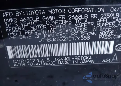 2007 Lexus Es 350 from USA, damaged, VIN JTHBJ46G272124558